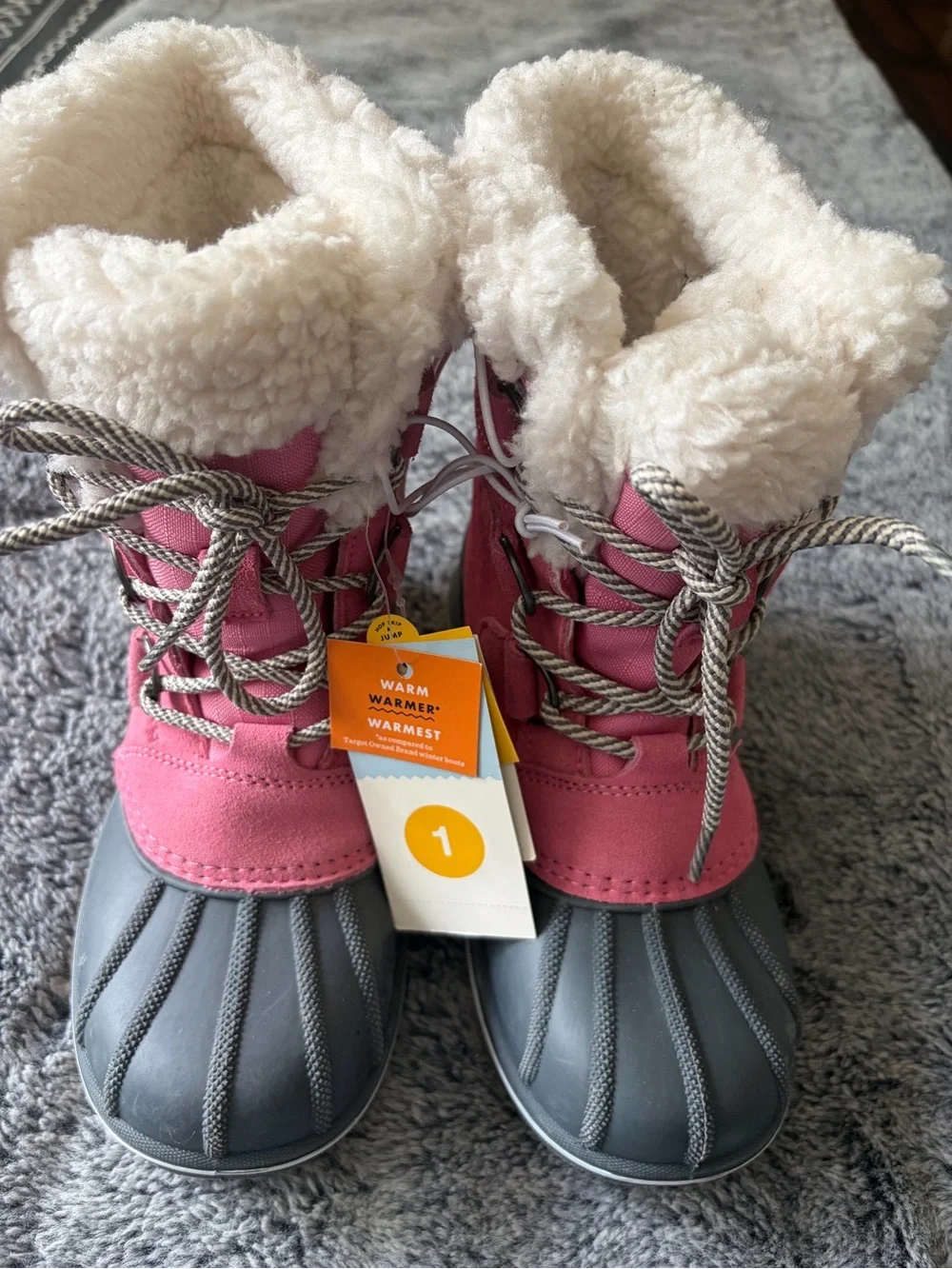 Cat & Jack Pink and Gray Kids Winter Duck Boots with Faux-Sherpa Cuff